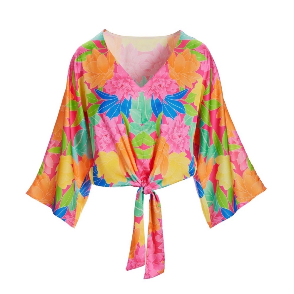 Boston Proper Mirrored Blooms Kate Tie Front Charmeuse Blouse Small Floral - Picture 5 of 10